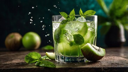 Fresh kiwi mint juice on the icy water background 