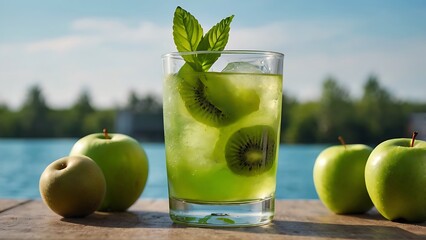 Fresh kiwi mint juice on the icy water background 