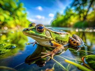 Obraz premium Aerial Drone Shot: Green Frog in Pristine Pond Water