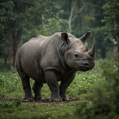 Fototapeta premium Thick-skinned rhinoceros calmly moving through leafy forest, a magnificent example of wildlife in its habitat