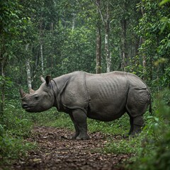 Obraz premium Wild rhino navigating through thick green vegetation, offering a close-up look at this endangered species