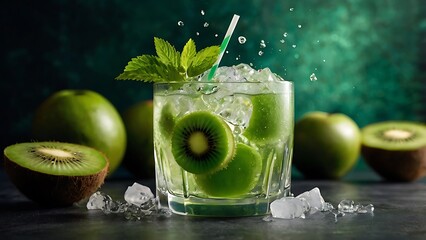 Fresh kiwi mint juice on the icy water background 