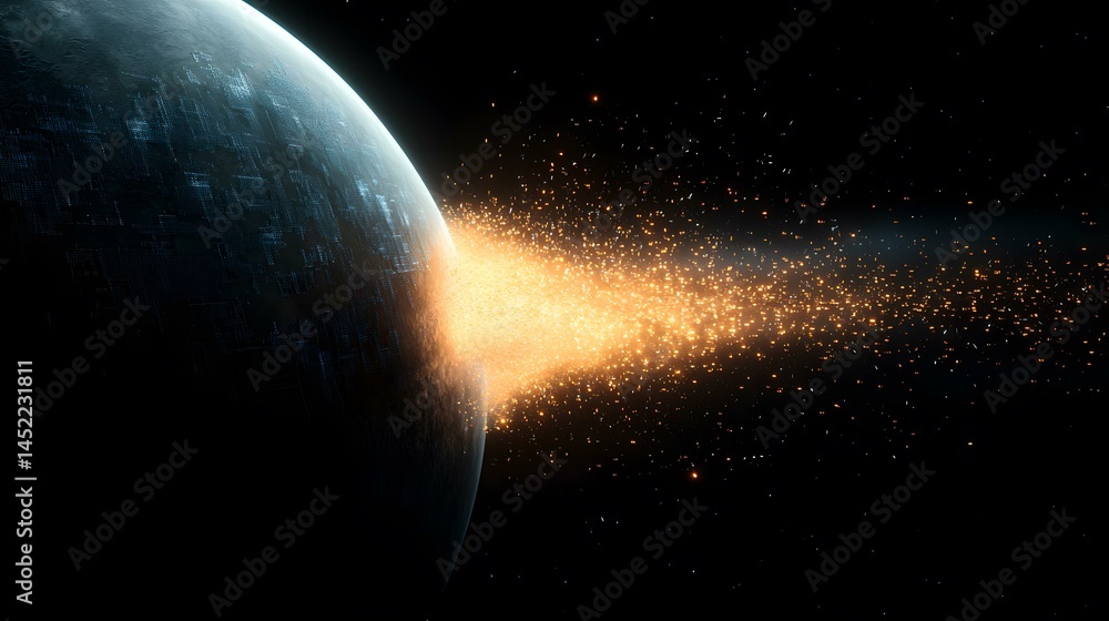 Poster the image shows a digital rendering of a planet, seemingly technological in nature, with a large, br