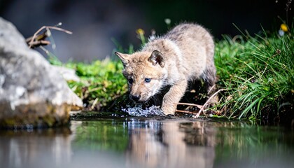 Fototapeta premium Un juguetón híbrido de lobo-cachorro, con suave pelaje marrón dorado y brillantes ojos azules, explora un estanque poco profundo y cristalino, rodeado de exuberante hierba verde y un soleado bosque de