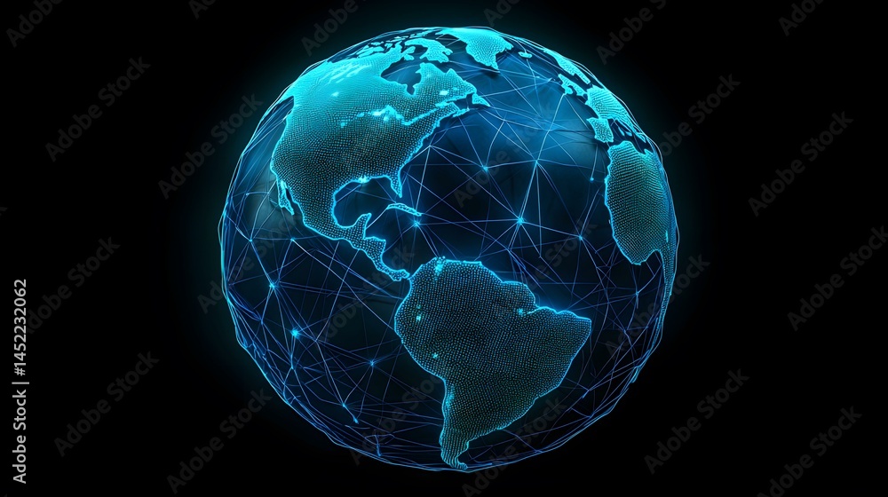Poster the image shows a digital rendering of the earth, depicted as a glowing blue sphere with a network o