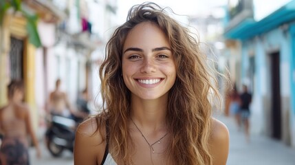 A beautiful young woman with long, curly hair stands outdoors in a sunlit street, smiling radiantly and showcasing her luminous beauty amidst a vibrant urban backdrop.