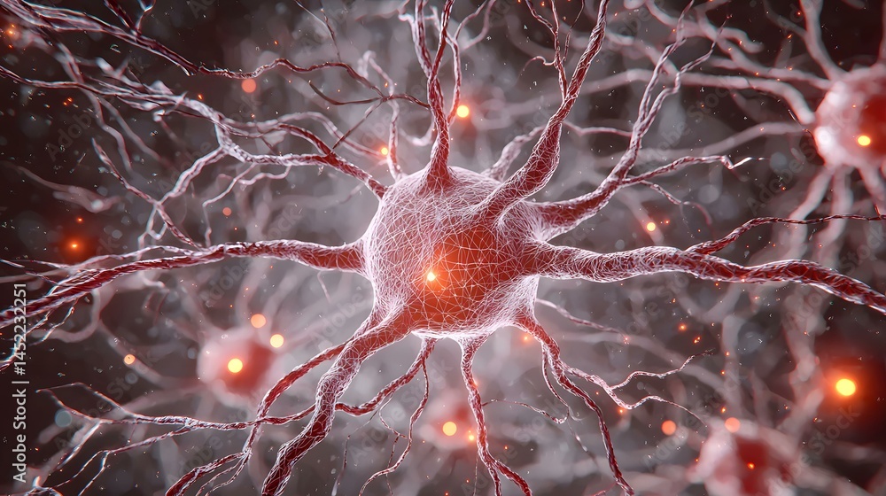 Aufkleber the image shows a detailed 3d rendering of a neuron, its soma, and numerous dendrites, with glowing 