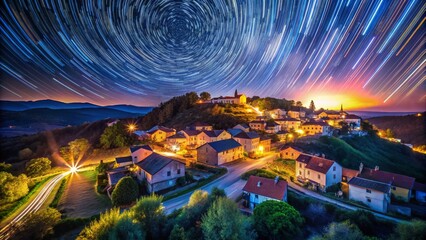 Fototapeta premium Aerial Long Exposure View of Hilltop Village at Night, Starry Sky, Lights Trails
