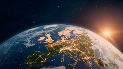 Fototapeta premium A digitally enhanced image of planet Earth, showcasing Europe at night with illuminated cities and connecting lines representing communication networks or transportation routes, all bathed in the war