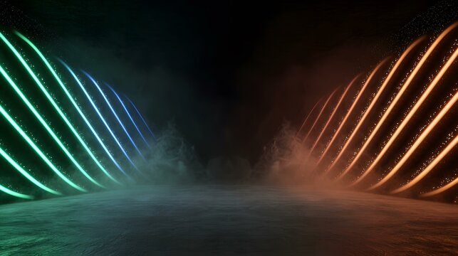 The image contains a dark, moody scene with a flat, reflective surface in the foreground.  On either side, streaks of vibrant neon light? teal and orange?curve upward, creating a sense of depth and e