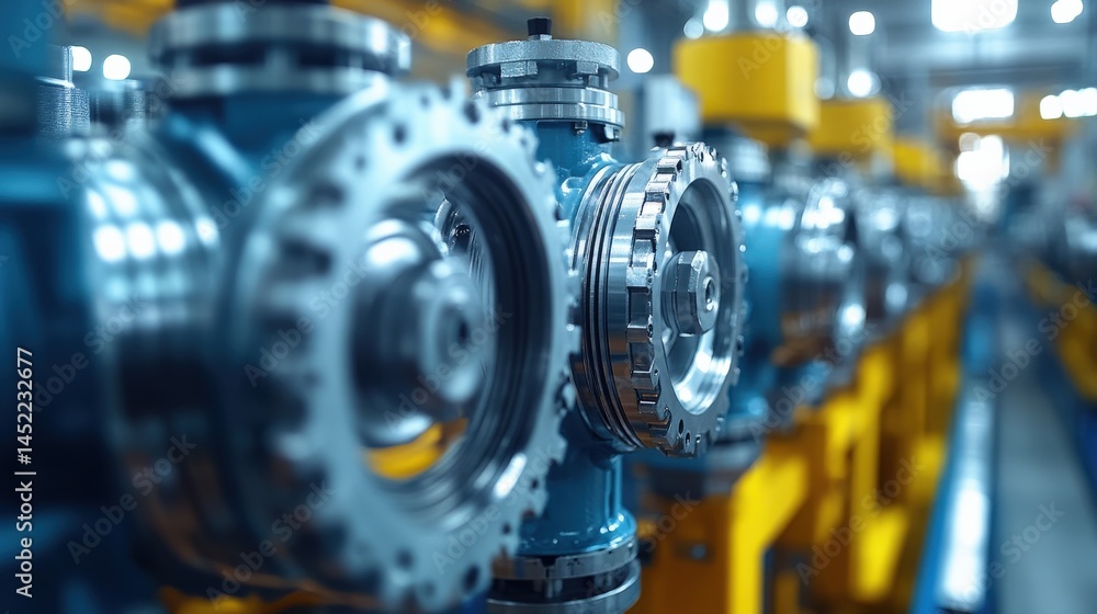 Poster close-up of industrial machinery showcasing precision gears in a factory setting with blurred backgr