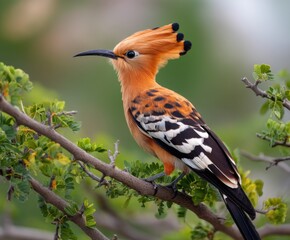 African Hoopoe, Upupa africana, a beautiful orange-crested bird perched on a green tree