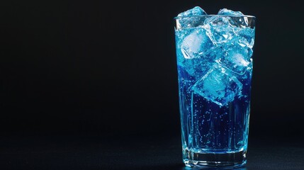 Close-up of a tall glass filled with blue drink and ice.