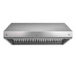 A silver vent hood with a black grill