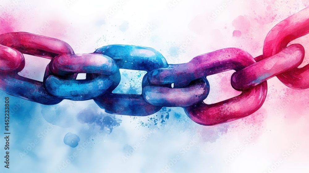 Poster colorful watercolor chain links against a soft gradient background, symbolizing connection and unity