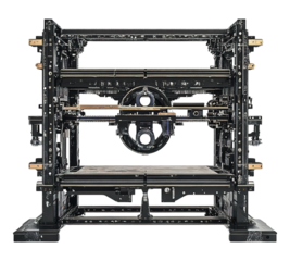 A large, old fashioned machine with a round, black and gold wheel