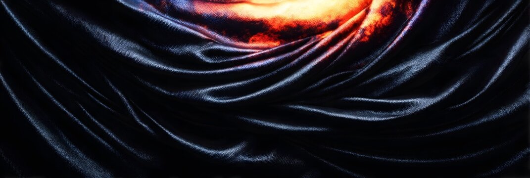 Dark Velvet Drape: Mysterious folds of luxurious dark velvet fabric, illuminated by a fiery glow from within, creating a dramatic and visually arresting image.  