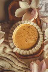 Elegant cup of cappuccino on a white saucer with blooming magnolia flowers on a wooden tray in soft morning light