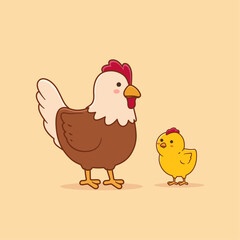 Vector illustration of cute chicken and chicks in cartoon style.