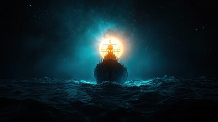 A captivating visual of a ship sailing through luminous waters beneath a celestial glow, creating an atmosphere of intrigue and inviting imagination for endless voyages.