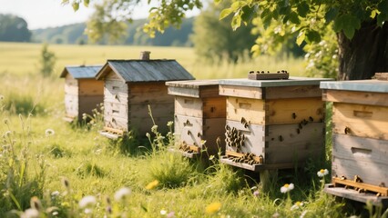 A group of beehives in a field