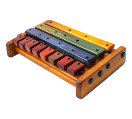 A wooden board with a colorful assortment of wooden blocks on it