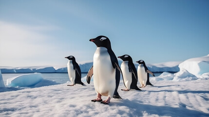 Four penguins standing on a snowy surface with icebergs in the background.