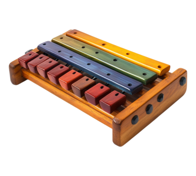 A wooden board with a colorful assortment of wooden blocks on it