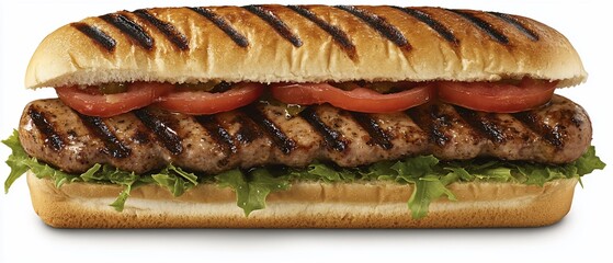 Sausage sandwich on toasted bread with tomato slices and green lettuce inside