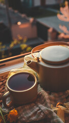 Close-up of a ceramic teapot and tea cup on a checkered cloth at sunset. Warm golden light creates a cozy atmosphere with spring flowers adding a soft, seasonal touch
