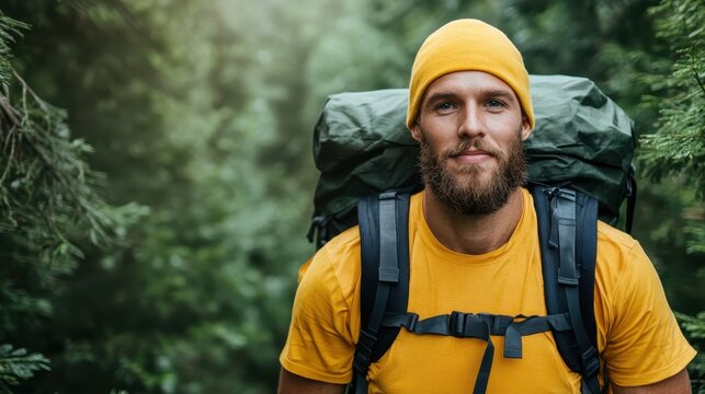 A spirited young man wearing a yellow beanie smiles warmly in nature, evoking feelings of adventure, camaraderie, and an appreciation for the outdoors in his relaxed demeanor.