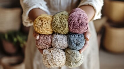 Colorful yarn balls held in hands