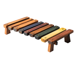 A wooden bench with a variety of colors and a gold and silver design