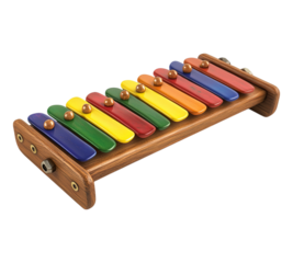 A wooden xylophone with colorful keys