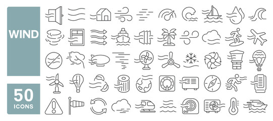 Set of 50 line icons related to wind, tornado, fan, pressure, wind power, climate, steam, flow, swirl, wave, air, Editable stroke. Vector illustration