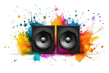 Vector music poster with black speakers and colorful paint splashes on a white background