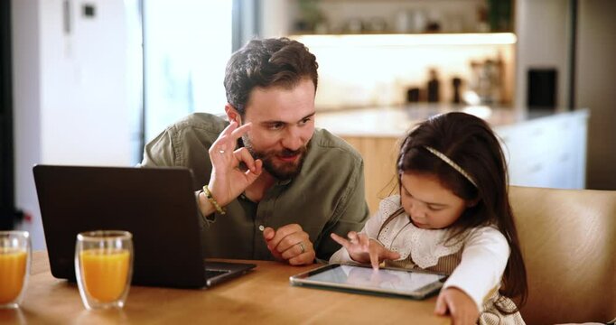 Tablet, child and help of father for e learning and remote work with math, finger counting or internet app. Girl kid, freelancer and technology at family home with man, teaching or online education