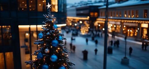 Obraz premium Urban Christmas, A Festive Tree Illuminates Cityscape Serenity