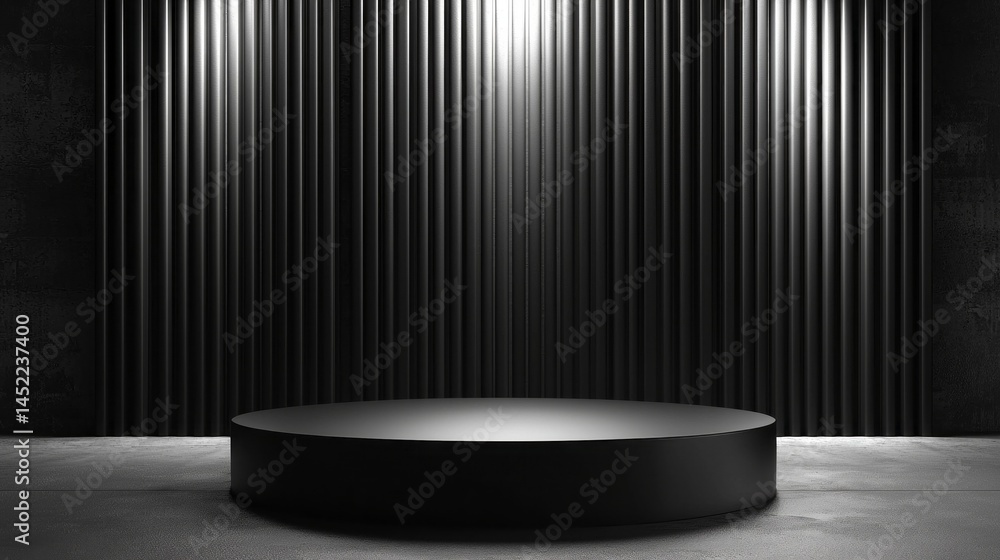 Poster a minimal black podium is positioned in front of a textured black wall. soft lighting enhances the i
