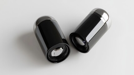 Two black cylindrical objects, possibly batteries or capsules, on a white surface