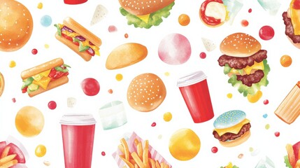 Colorful pattern featuring fast food items and soft drinks