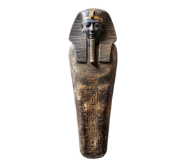 A statue of a man with a gold headdress and a black face