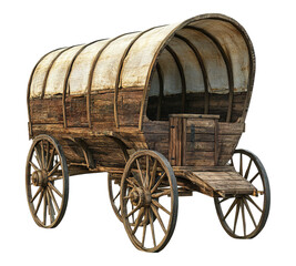 A wooden wagon with a white top is parked on a white background