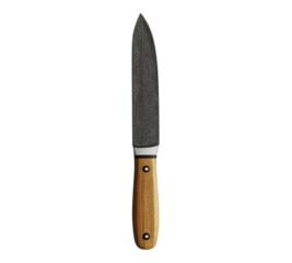 A knife with a wooden handle and a black blade