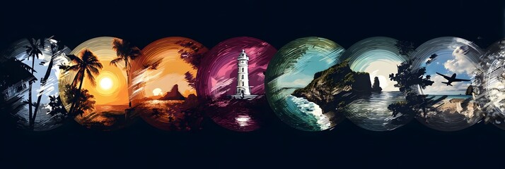 Journey of Color: A visual tapestry of diverse landscapes unfolds, each hue representing a unique journey, from serene beach to majestic mountains, inviting exploration and wanderlust.