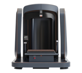 A black and orange machine with a red button