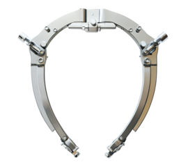 A silver object with a curved shape and a lot of metal parts