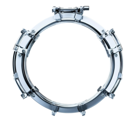 A silver metal object with a circular shape and a hole in the middle