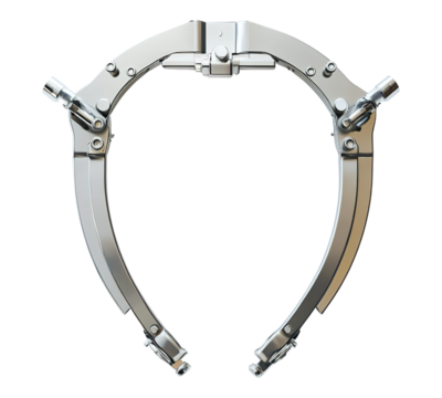 A silver object with a curved shape and a lot of metal parts