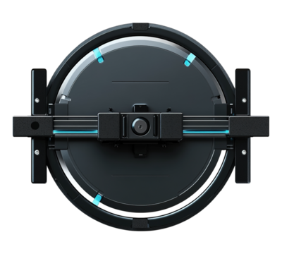 A black and blue object with a blue circle on it